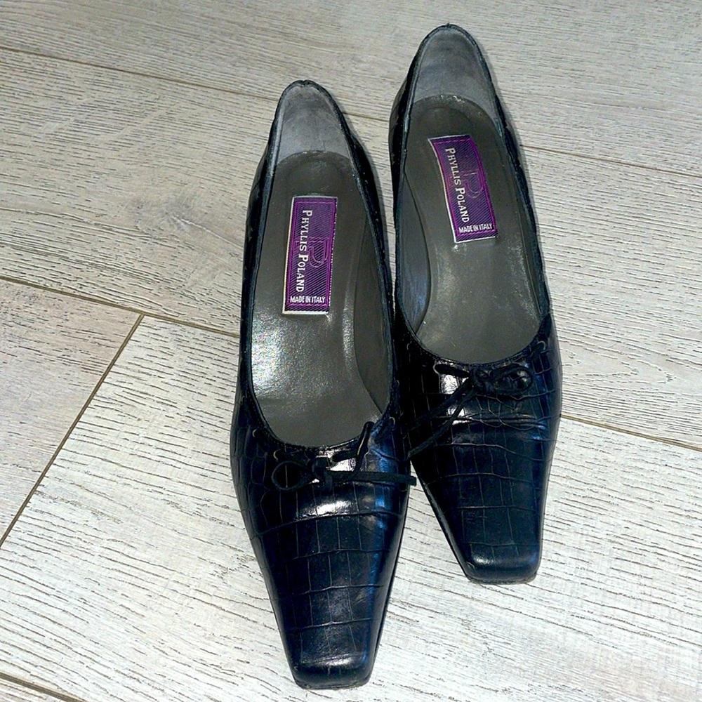 Phyllis Poland 8.5US croc leather black heels square toe Laceup top witchy core